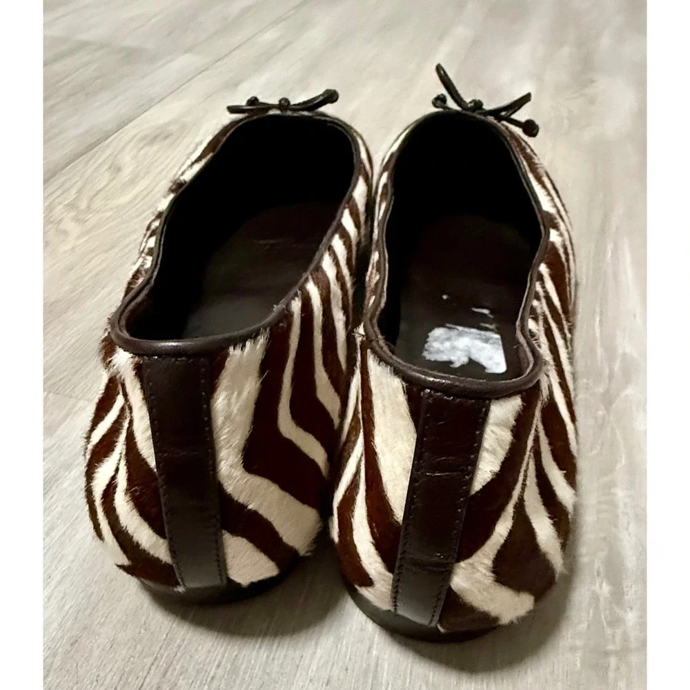 Tory Burch Zebra Print‎ Calf Hair Leather Ballet Flats Brown Cream Bow Women 13M